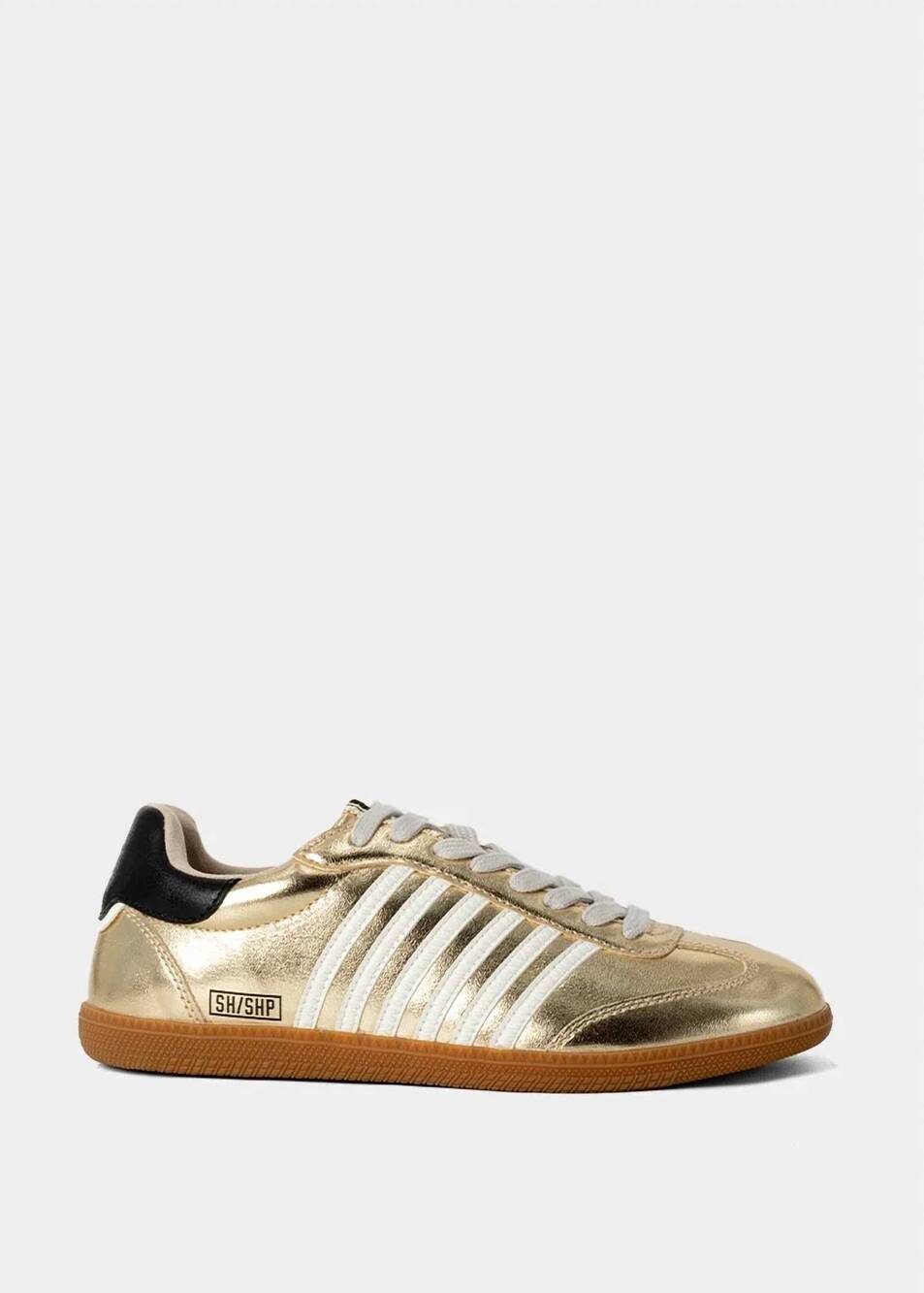 NEW SHU SHOP women's stevie low-top round toe sneaker in light gold metallic